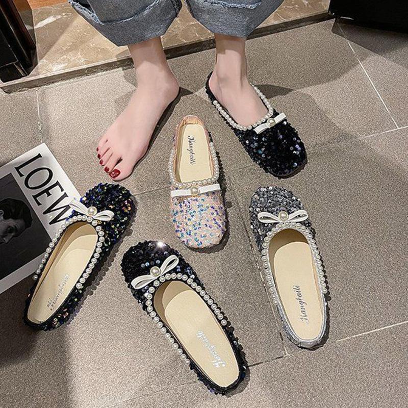 Sequined Baotou Half Slippers Women's Outer Wear Summer Shallow Mouth Women's Shoes Grandma Shoes Soft Sole Peas Shoes