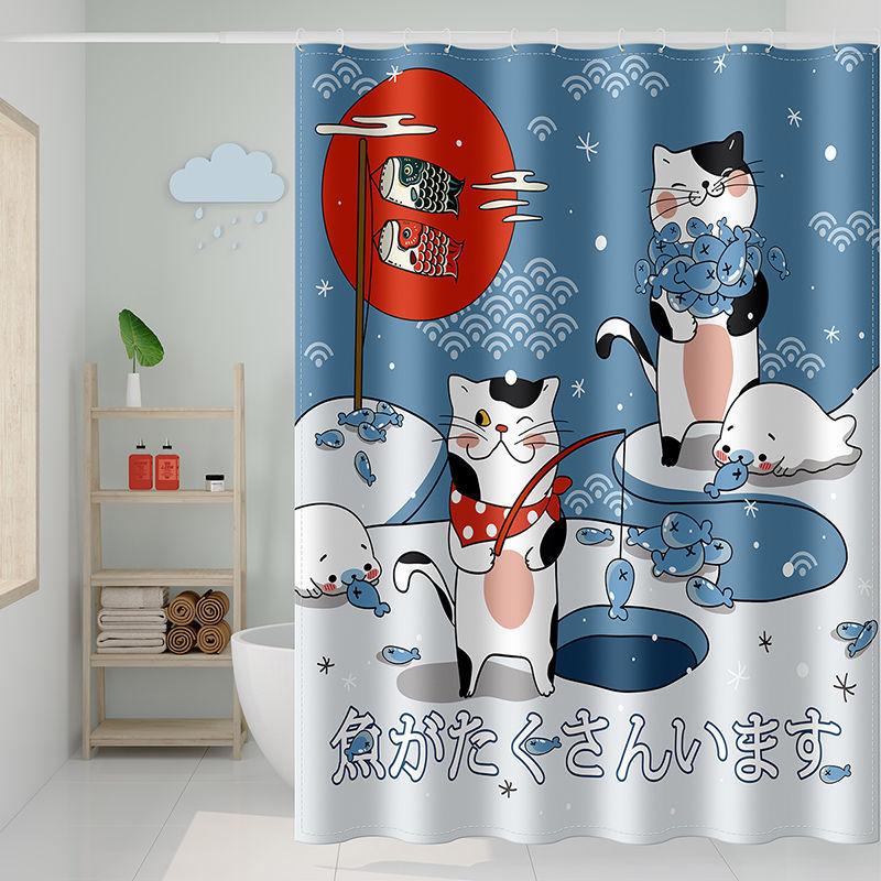 Japanese Cartoon Cute Bathroom Shower Curtain Waterproof Cloth 180*180cm Free Perforated Bathroom Shower Thickened Mold-proof Partition Curtain