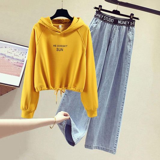 Loose Hoodie Age Reduction Suit Women High Waist Wide Leg Jeans Two-piece Short Long Sleeve Hooded Sweater Loose Jeans