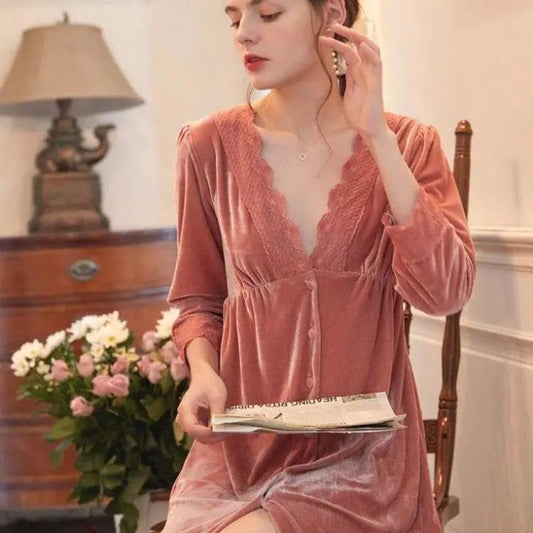 Women's Nightdress Pajamas Long Skirt Spring Autumn Winter Summer French Retro Romantic Long-sleeved Gold Velvet Homewear Out Wear Nightdress