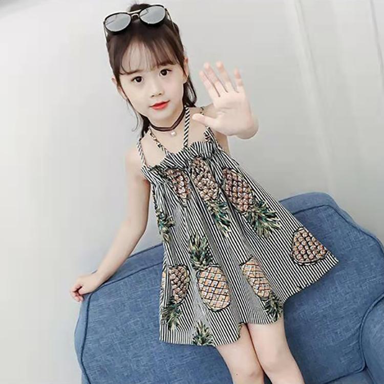 Children's Dress Girl's Suspender Dress Korean Version of Printed Fruit Striped Dress Backless Beach Princess Dress