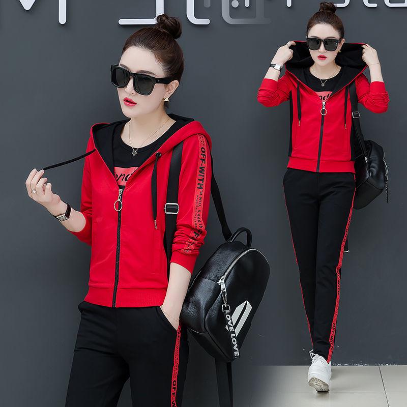 Spring and Autumn Women 3pcs set Wild Long Sleeve Casual Sweatshirt Set Large Size