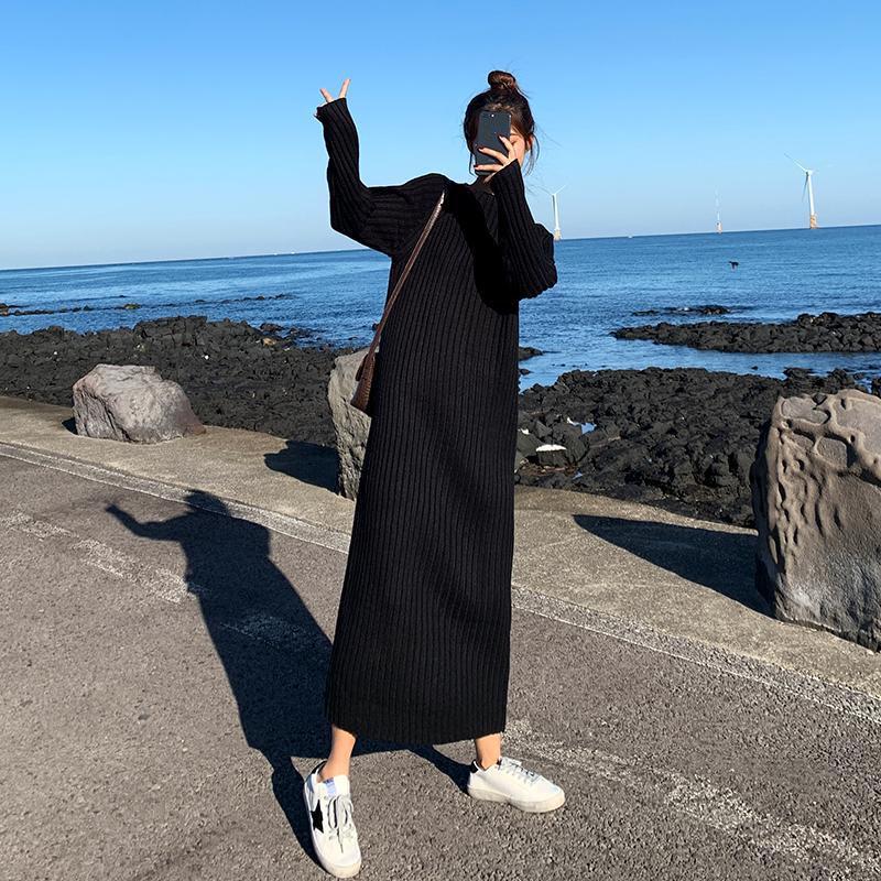 Autumn and Winter Long Sweater Skirt Pullover Women Loose Large Size Turtleneck Collar Mid-length Over The Knee Knitted Sweater