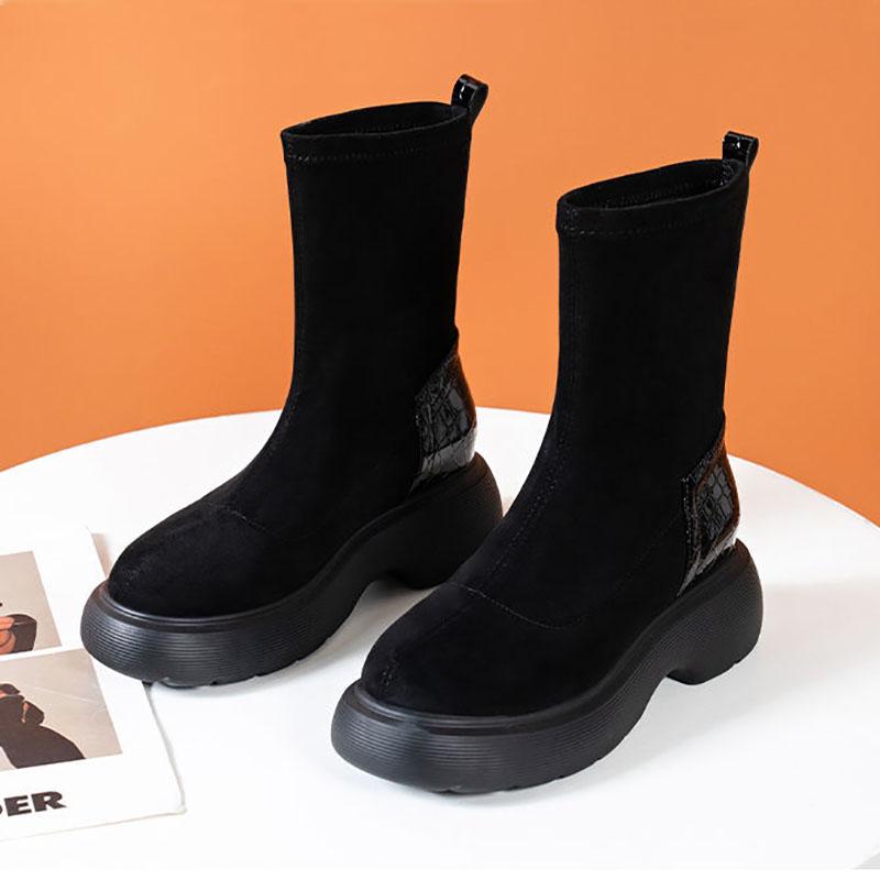 Black Boots Woman Autumn and Winter Elastic Boots Korean Version of Wild Short Boots Increased Thick-soled Boots Martin Boots