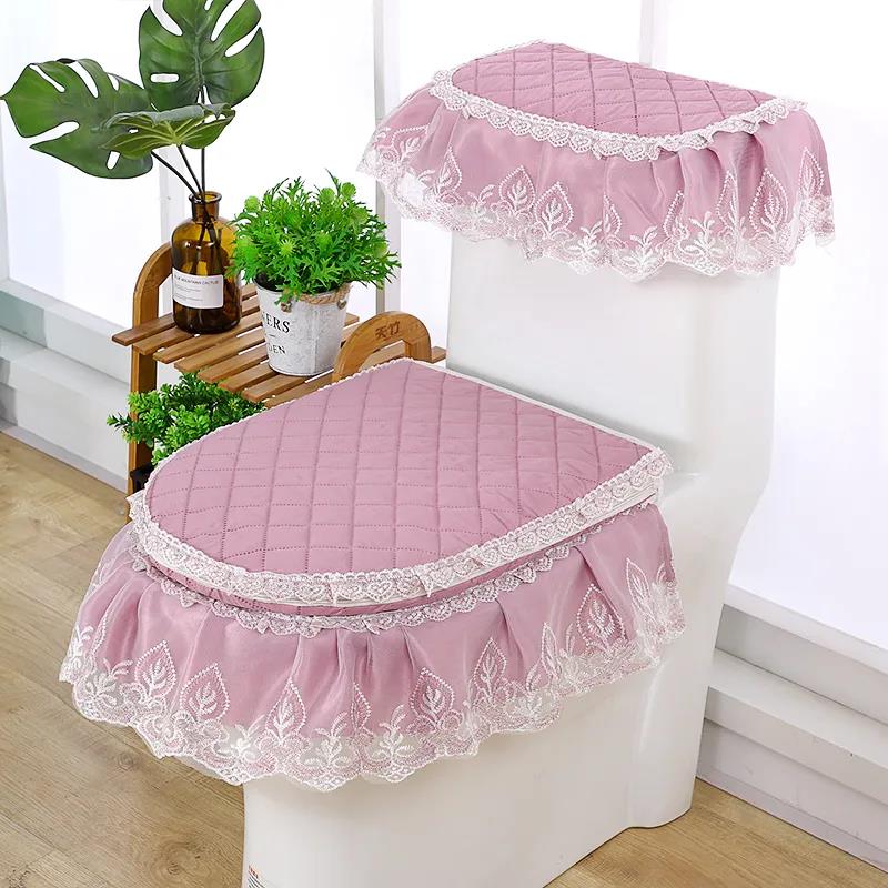 Toilet Seat Cushion Three-piece Household Toilet Cover Toilet Toilet Cover Cover Nordic Diamond Lattice Lace Toilet Set