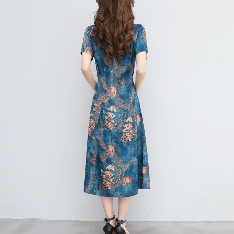 Retro Ethnic Print Mid-length Dress Summer New Plus Size Women's Loose Short-sleeved A-line Skirt