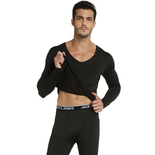 Men's Tight-fitting Seamless Thermal Underwear Suit V-neck Plus Velvet Warmth Ultra-thin Suit Heating Fiber Thermo Clothes