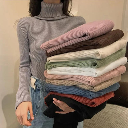 Winter Turtleneck Sweater Women Solid Long Sleeve Slim High Neck Sweaters Fashion Korean Autumn Pullover Sweater Knitted Jumper Basic Tops Clothes