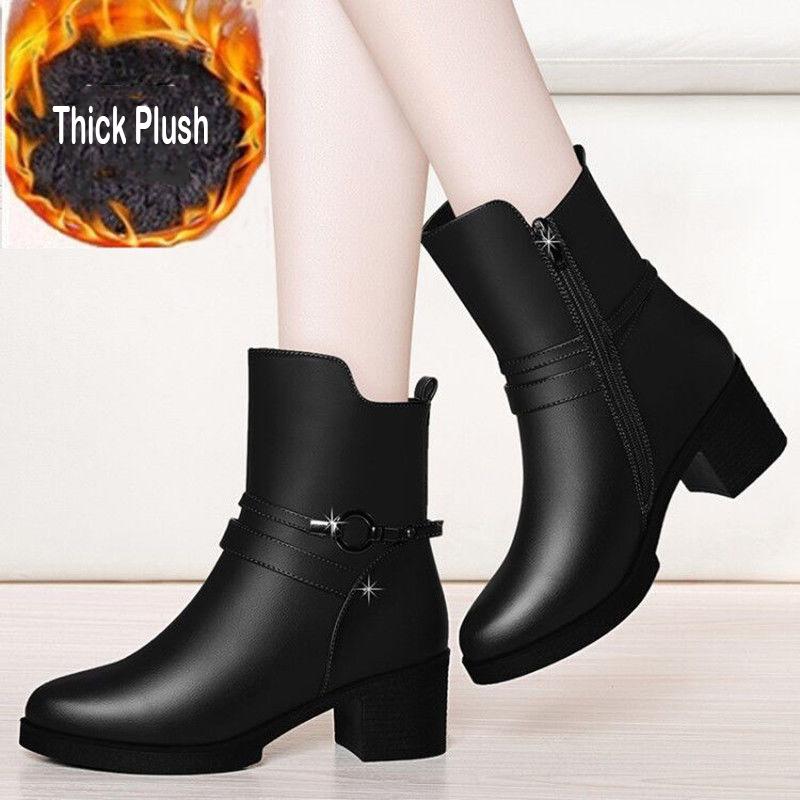 Round Toe Square Heel Women Boots Buckle Ankle Boots Women Shoes Zipper High Heel Boots Shoes Woman