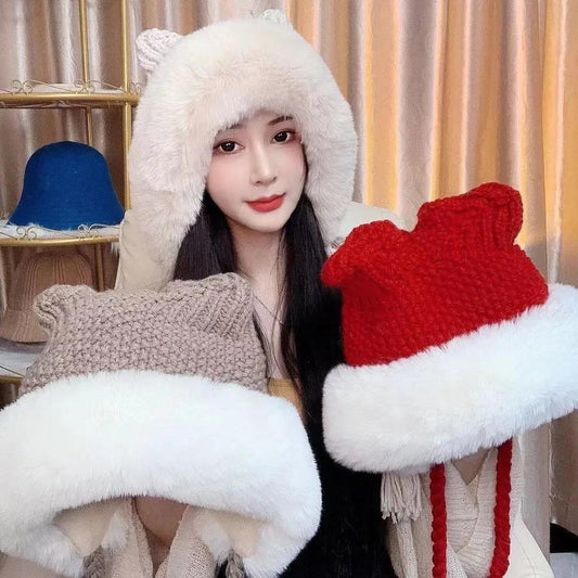 Winter Plush Knitted Hat Women's Cute Ear Thickened Woolen Hat Oversized Woolen Hat