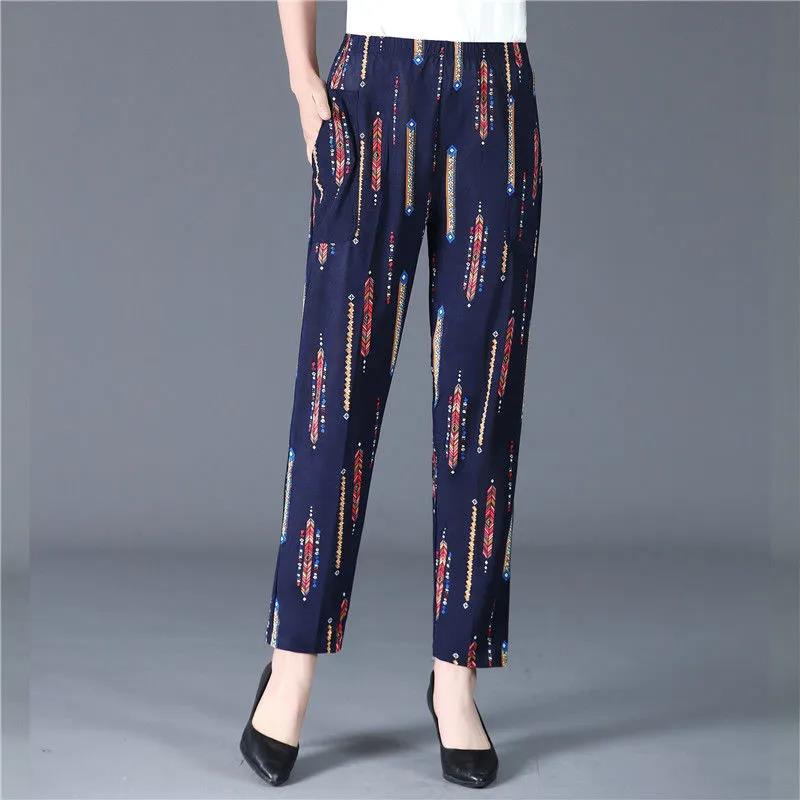 XL-5XL Women's Spring and Summer Elastic Waist Wide Leg Printed Casual Pants Female Plus Size Loose Simple Thin Cropped Pants