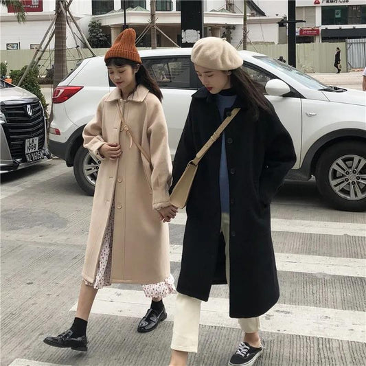 Women's Woolen Coat Korean Retro Padded Over-the-knee Coat Autumn and Winter Mid-length Woolen Coat