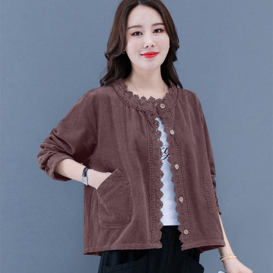 Spring and Autumn Loose Large Size Solid Color Retro Corduroy Lace Short Jacket Women's Casual