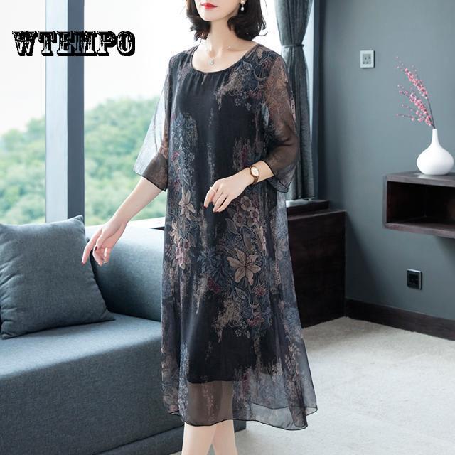 Boussac Western Floral Print Woman Half Sleeve Vestidos Mujer Elegant Silk Dress 5xl