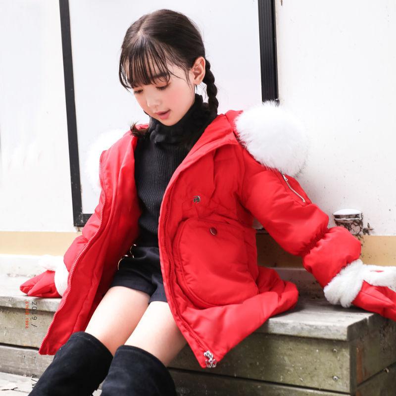 Girls Plus Velvet Thick Warm Cotton Coat Winter Korean Windproof Cotton Clothing Mid-length Cotton-padded Jacket with Gloves