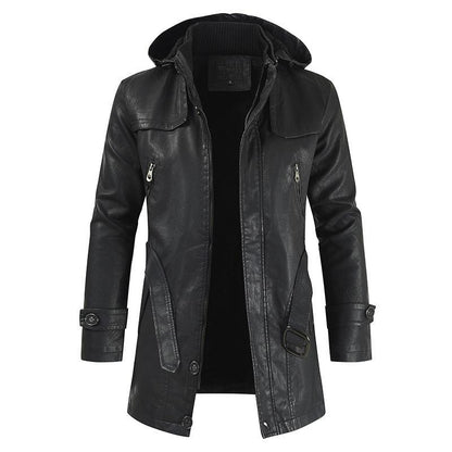 Men's Casual Fashion Mid-length PU Leather Hooded Slim Youth Motorcycle Leather Jacket