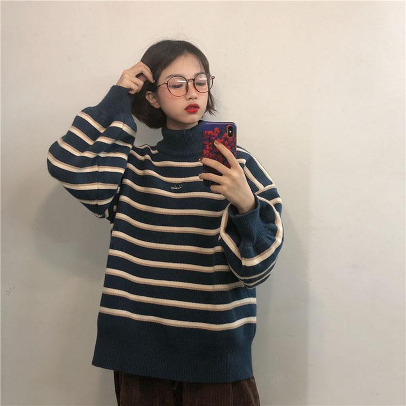 Korean Style Turtleneck Sweater Female Students Fall/winter Lazy Style Loose Pullover Striped Knitted Sweater