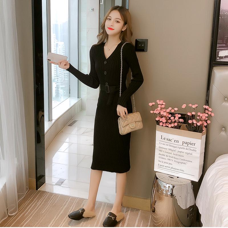 Elegant Knitted Dresses Women Skinny Sweater Split Dress Ribbed Ladies with Belt