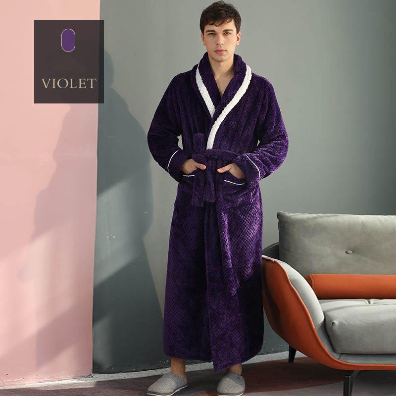 Autumn and Winter Flannel Nightgown Men's Flannel Lengthened Thick Bathrobe Men's Winter Coral Fleece Naked Pajamas