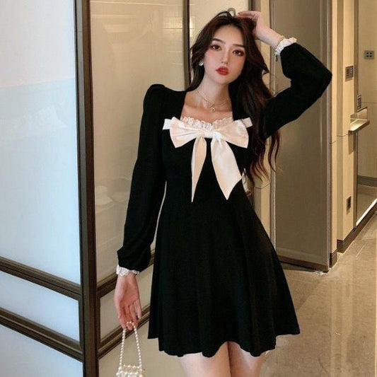 Women's Spring and Summer French Elegant Square Neck Waist Slim Temperament Stitching Bow A-line Dress