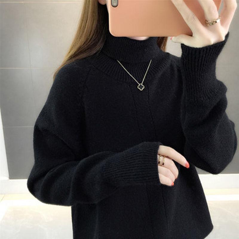 Women Solid Turtleneck Thicken Warm Pullover Sweater Loose Office Short Bottoming Shirt