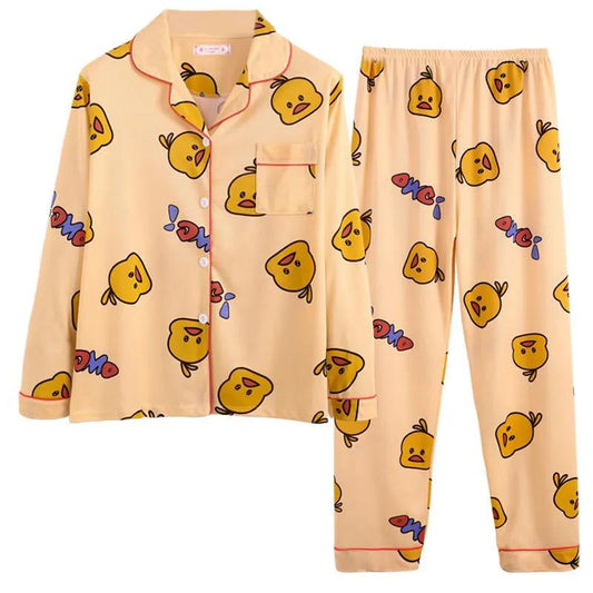 Women's Spring Long-sleeved Pajamas Cute Printing Suit Loose Comfortable Homewear Lapel Pocket Pants Two-piece Set