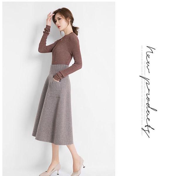 Autumn  Winter Women's Knitted Skirt Long Skirt with Pockets Thick Warm OL Stytle A-line Skirt for Women