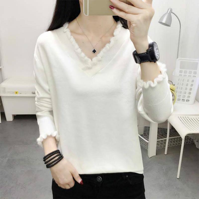 Solid Color Wild V-neck Sweater Knitted Bottoming Long-sleeved Loose Pullover Sweater