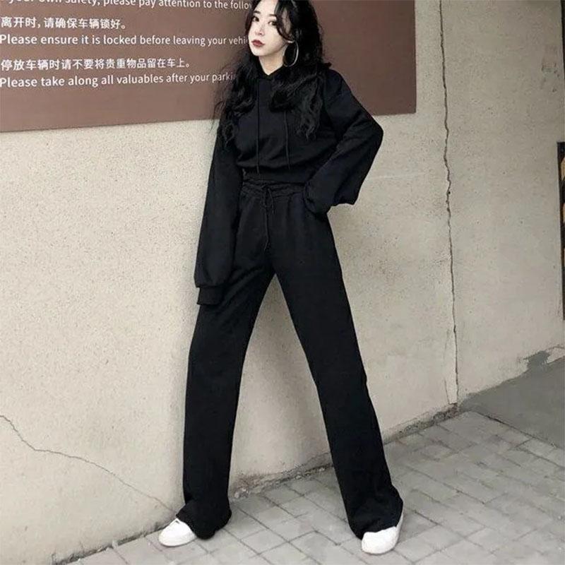 2PCS Women's Spring/Summer Casual Suit Long Sleeve Short Hooded Sweater + Loose Thin Elastic High Waist Wide Leg Pants Ladies Two-piece Sports Suit