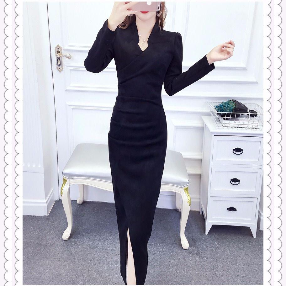 Women's Bottoming Shirt Knit Dress Fashion Slim Pullover V-neck Sweater Knitted Dress Mid-length Over-the-knee Bottoming Shirt