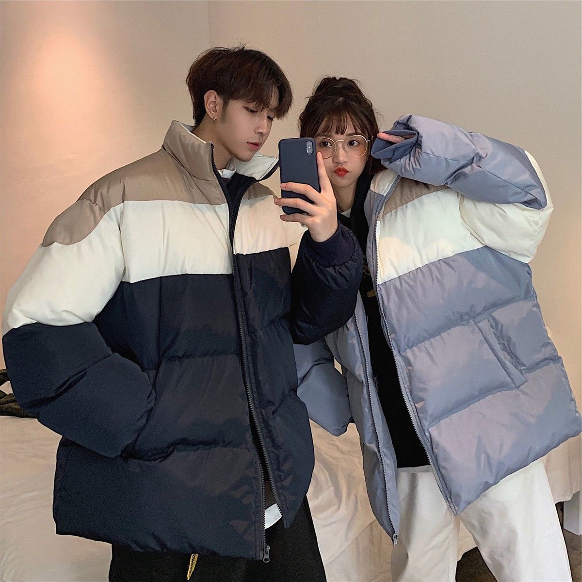 Blue Couple Bread Clothes for Men and Women In Winter Padded Jacket Thickened Student Casual Loose Trend Coat Down Jacket Solid Color Top