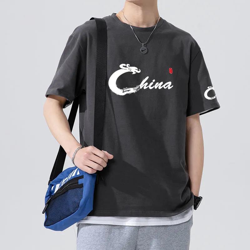 Summer T-shirt China Alphabet Print Tees O-neck Short Sleeve Thin Shirt Chinese Style Casual Loose Pullover Men Clothing