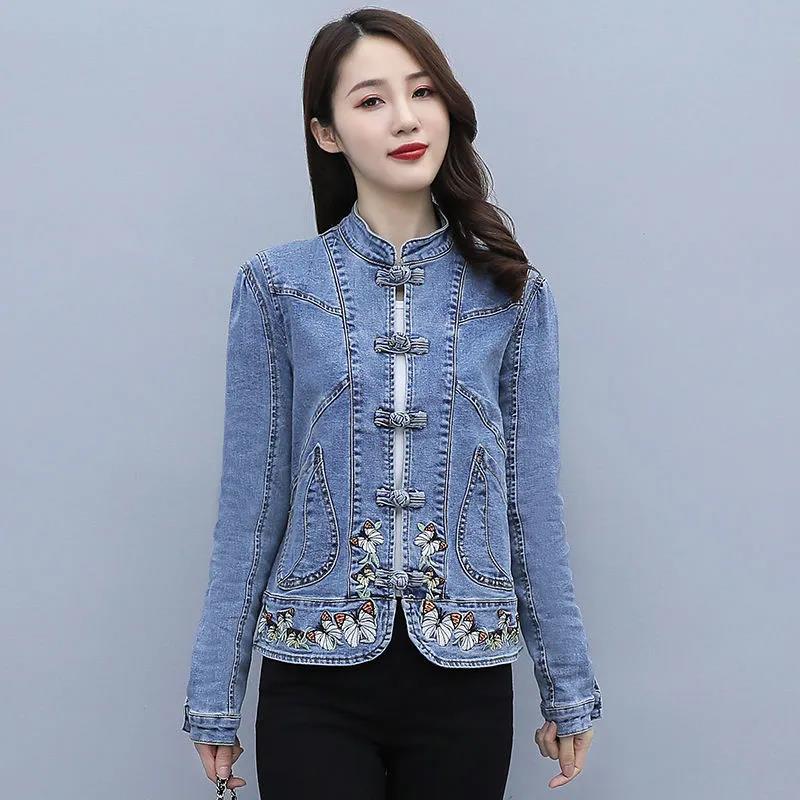 Spring and Autumn Denim Jacket Women's Short All-match Retro Chinese Style Embroidered Stretch Jacket Slim Top Trendy