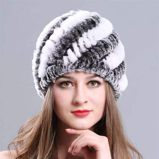 Women's Winter Fur Hats Middle-aged Thickened Warmth Ear Protection Hats Rex Rabbit Fur Woven Hats Ladies Floral Top Caps Fluffy Rabbit Fur Hat