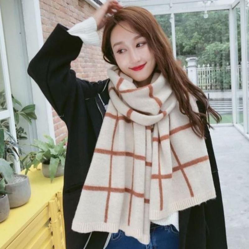 Women's Winter Woolen Scarf Fashion Plaid Double-sided Thickening Korean Wild Couple Knitted Scarf Shawl