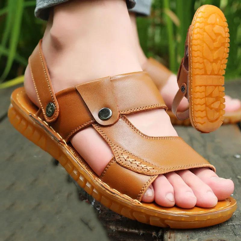 Top Layer Cowhide Men's Sandals Beef Tendon Bottom Leather Beach Shoes Summer Casual Sandals and Slippers Non-slip Soft Bottom Dual-use Sandals