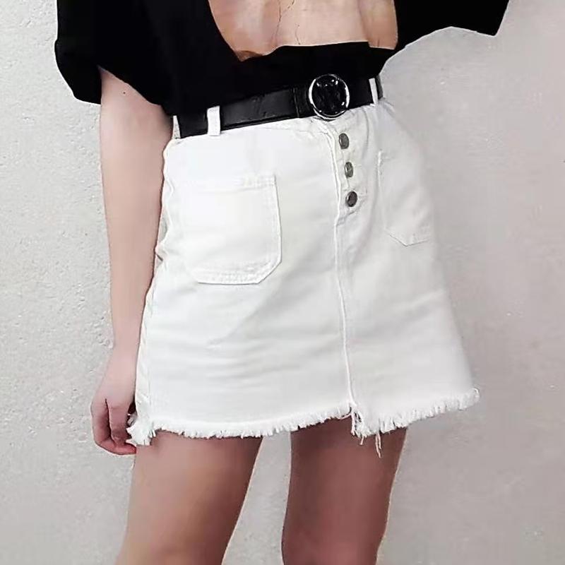 Denim Cotton Cloth Women Sexy Tight A-line High Waist Hip Short Skirt Button Pocket Asymmetric