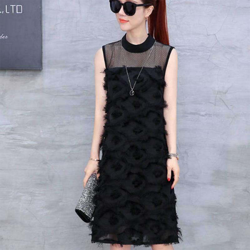 Summer Women Mesh Gauze Stitched Sleeveless Chiffon Dress Fringed Sexy Dress A-line Dress