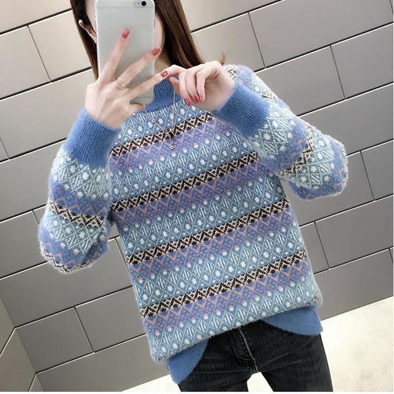 Color Thick Striped Sweater Autumn and Winter Loose Pullover Half High Neck Knitted Young Women's Top