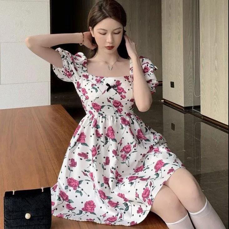 Women Summer Vintage High Waist Fairy Square Neck Holiday Dress Sweet Short Sleeve Elegant Slim Floral Print Pleated Dress