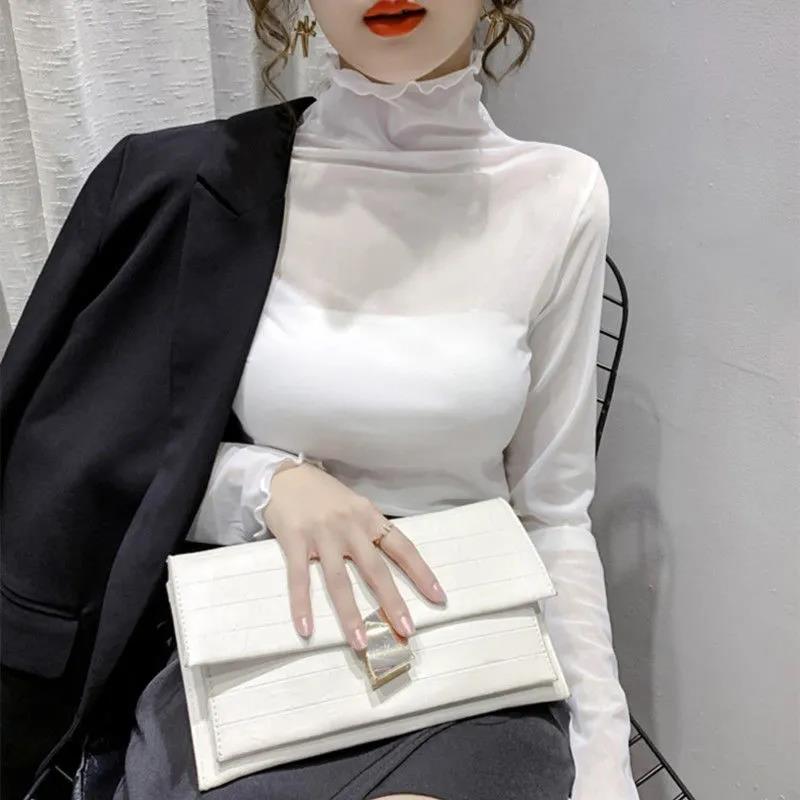 Sexy Women T Shirt See Through Transparent  Tops Long Sleeve Sheer Slim Ladies Turtleneck T-Shirt New Arrival Women Pullover