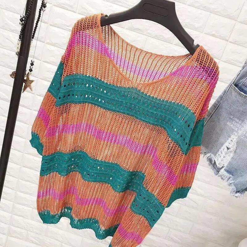 Colored Hollow Striped Large Size Knit Sweater Loose Retro Pullover Thin Blouse Sunscreen