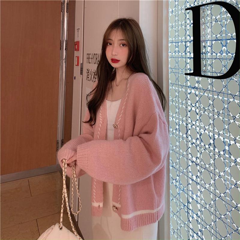 Retro Solid Color Knitted Cardigan Sweater Women Loose Jacket Autumn  Winter All-match Jacket Women's Outer Wear