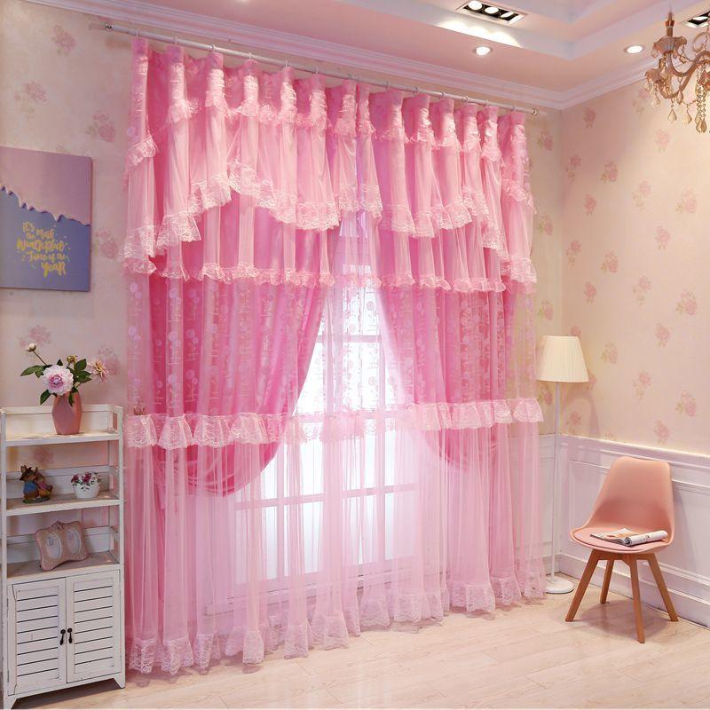 Simple and Modern Princess Style Lace Net Red Shade Curtains for Living Room and Bedroom Curtains (150×270cm)