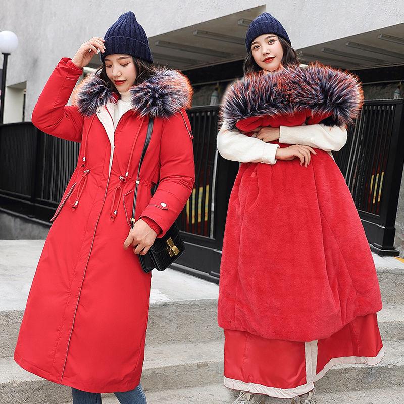 Winter Fashion Women's Long Over-the-knee Korean Style Loose Plus Size Cotton-padded Jacket with Thick Large Fur Collar Coat