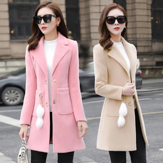 Spring Slim Woolen Coat V-neck Solid Color Long Jacket Boutique Casual Windbreaker Trend Temperament Top