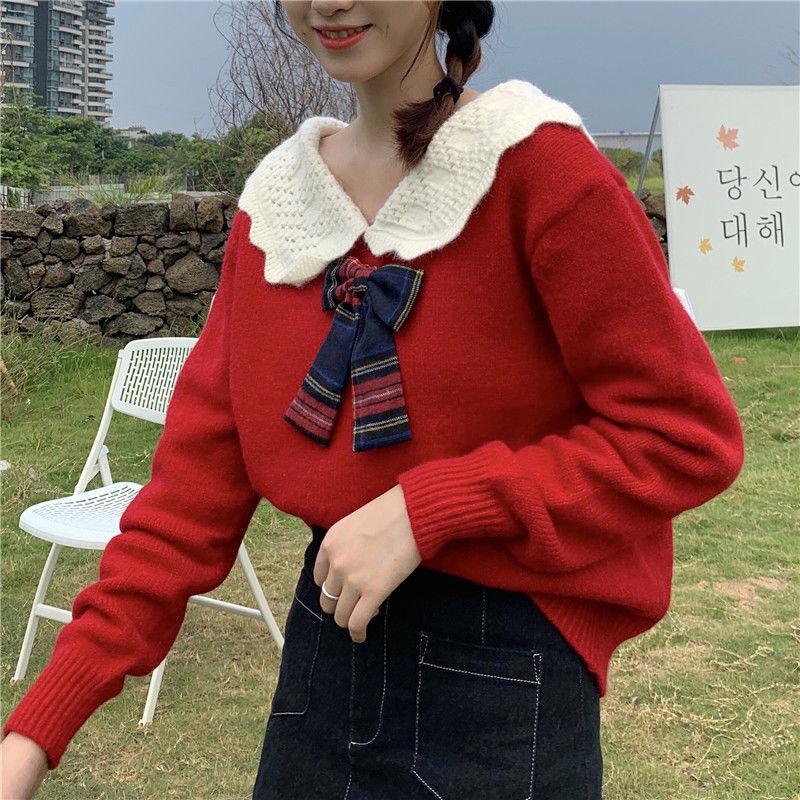 Autumn  Winter Fashion Plaid Bow-knot Long-sleeved Solid Color Pullover Blouse Loose Sweater Casual Women