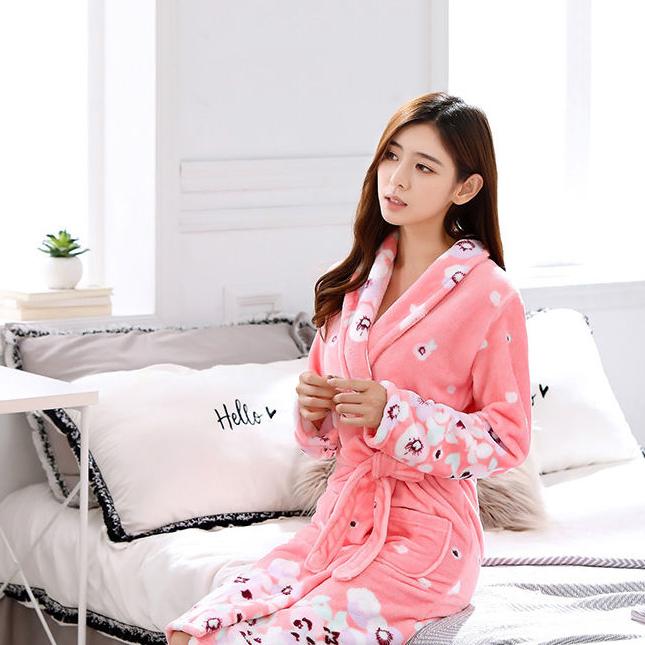 Winter Kimono Robe Plush Fleece Bathrobes for Women Soft Warm Printed Long Sleeve Sleepwear Pajamas