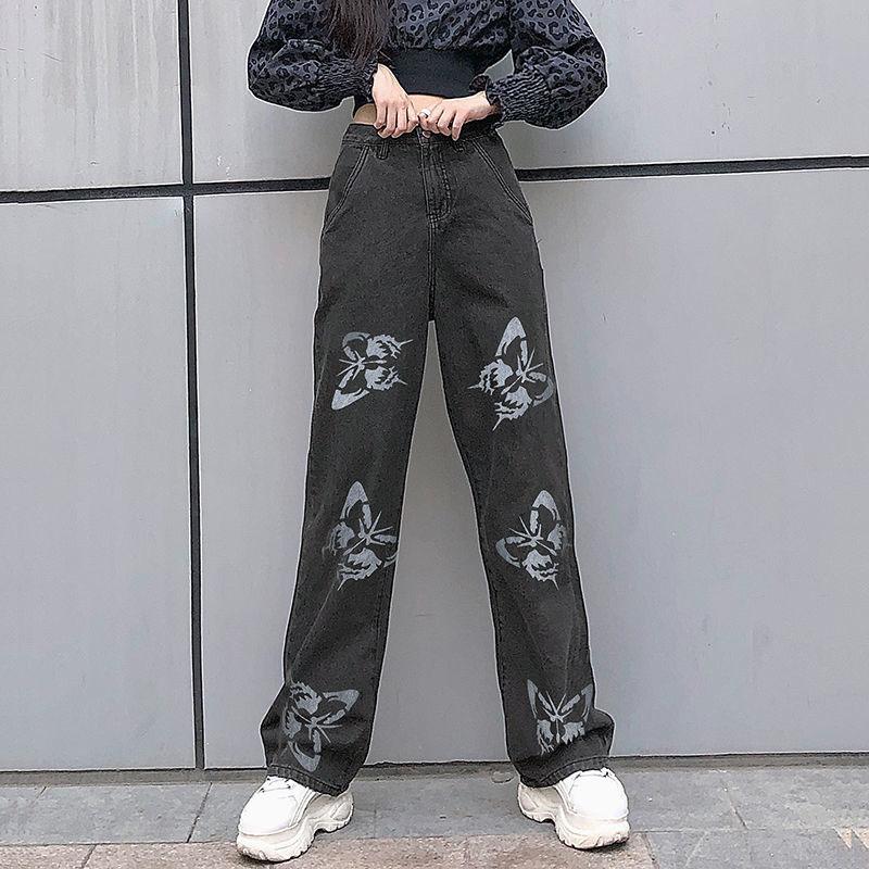 Butterfly Print Straight-leg Jeans Vintage Jeans Loose Streetwear Women's High-waisted Slim and Versatile Drape Loose Mopping Casual Pants