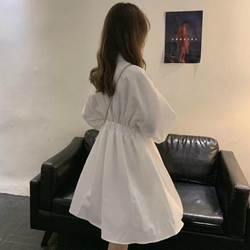 Woman Dress Long Sleeve Turn-down Collar Solid Sweet Elastic Waist Simple Elegant Pleated Streetwear